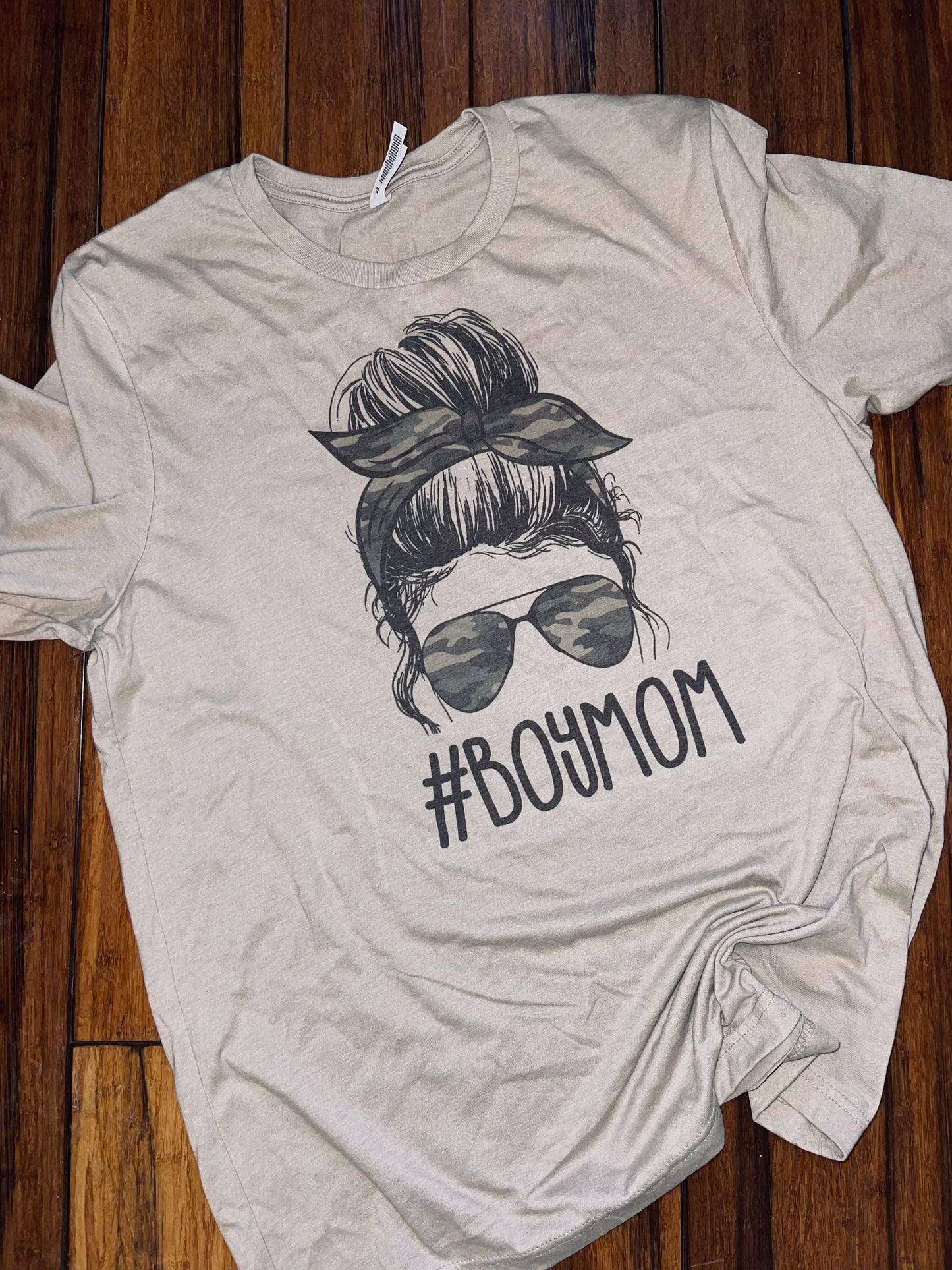 Boy mom messy bun and camo glasses tee