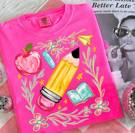 Floral teacher pencil tee