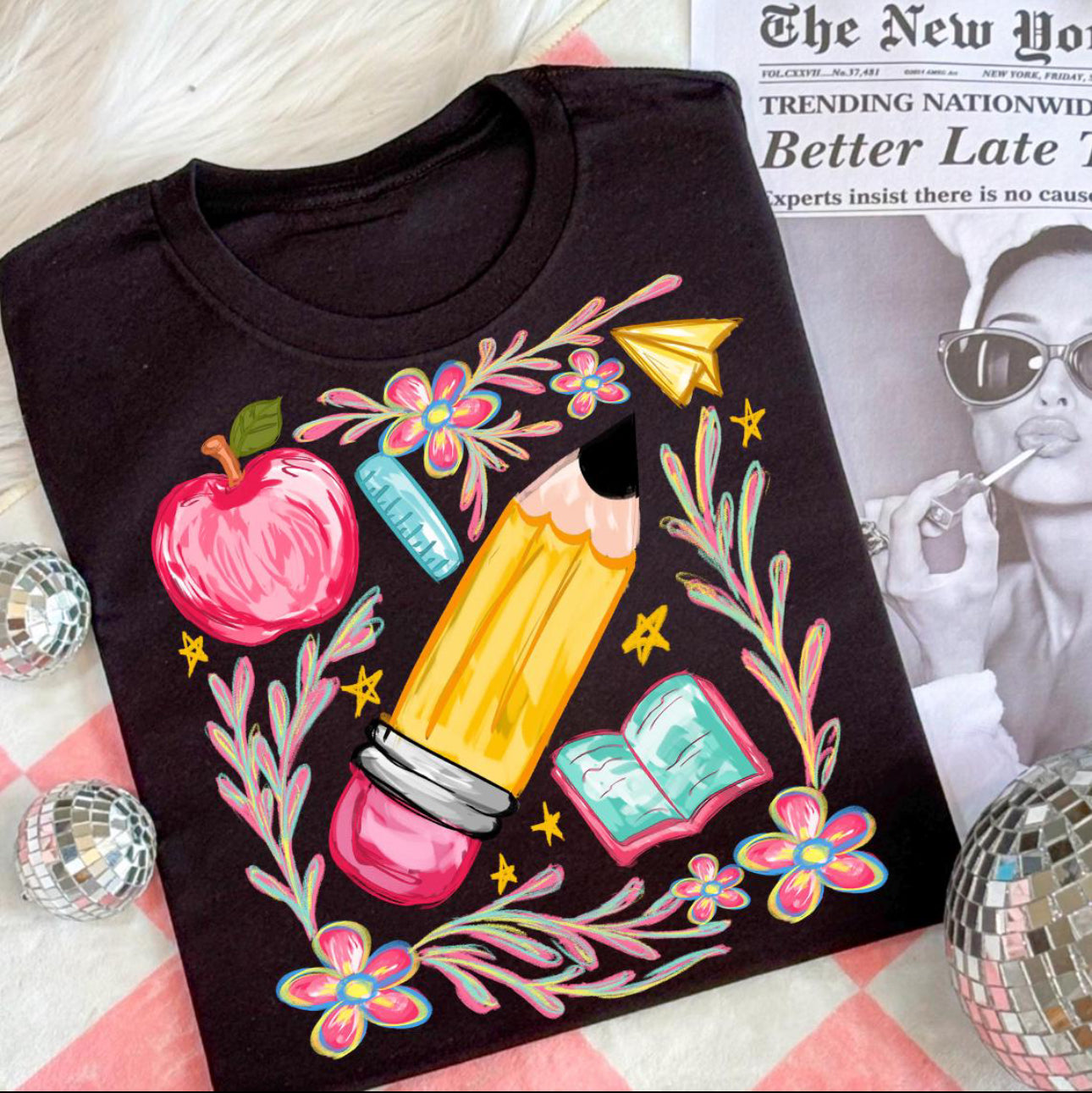 Floral teacher pencil tee