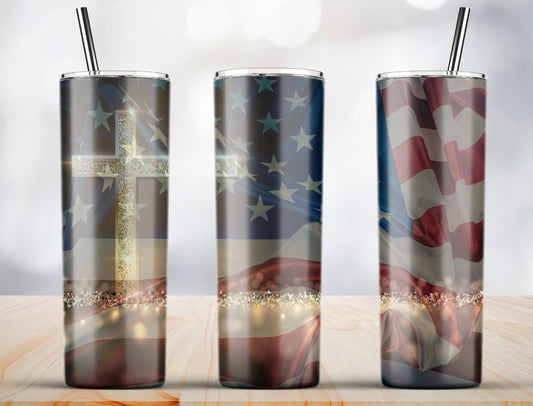 Cross American flag tumbler