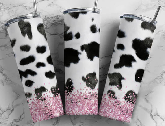 Pink glitter cow print tumbler