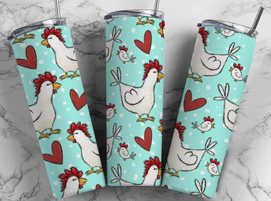 Turquoise chicken with hearts tumbler