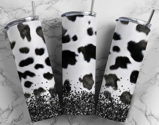 Cow print with black glitter tumbler